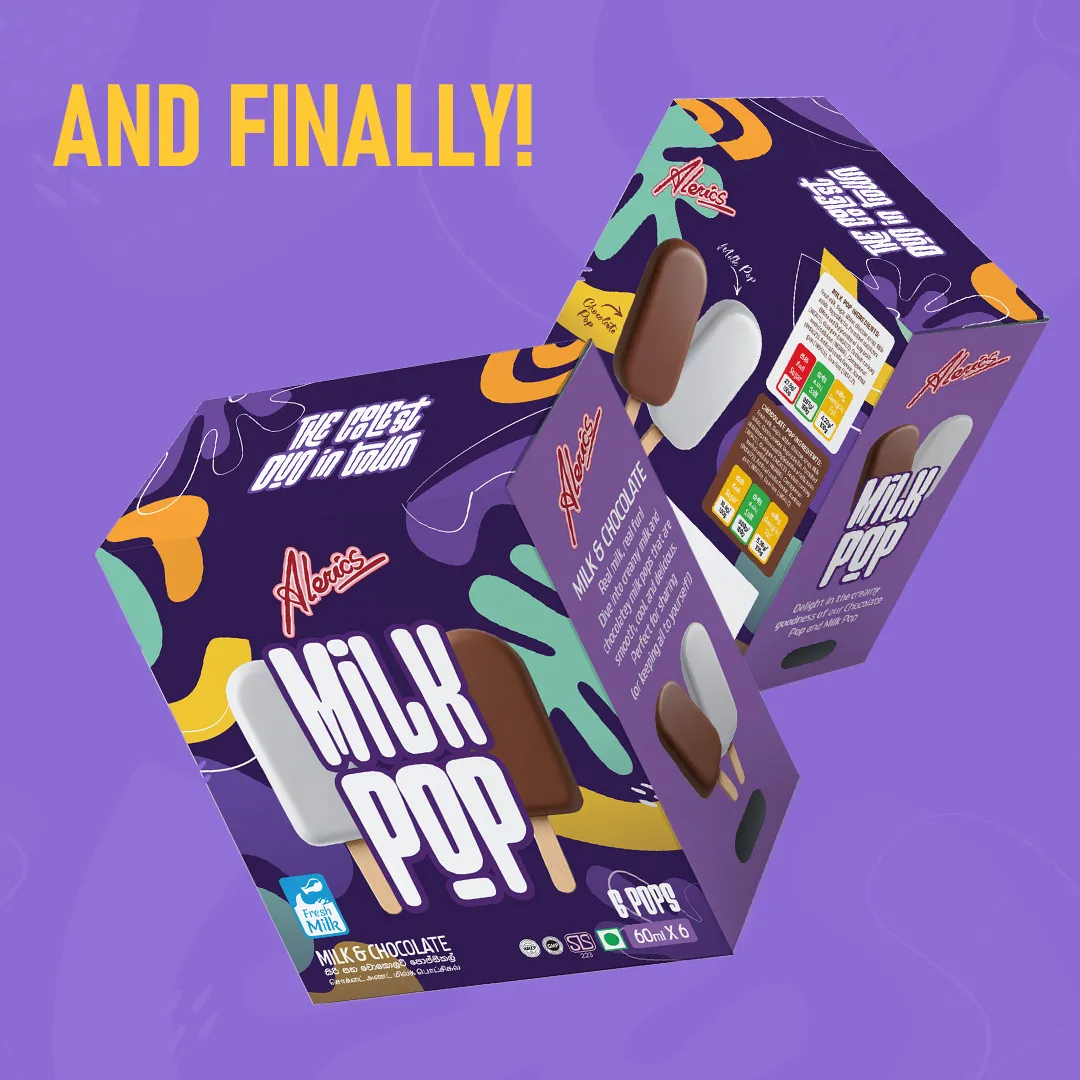 Alerics Milk Pop — packaging 3D render, bold colours + hand lettering, Sri Lanka