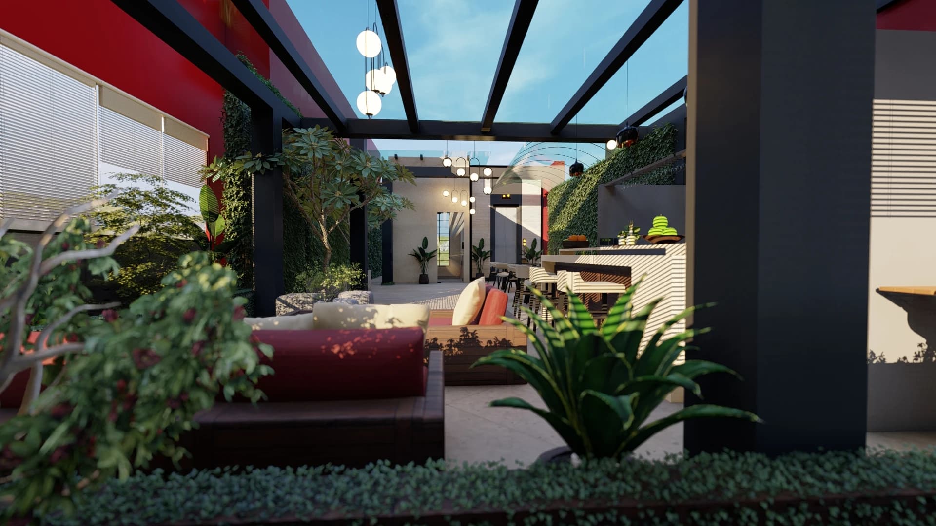 Rooftop Bar — Outdoor Lounge 3D Render, Colombo — exterior 3D render, pergola + greenery, Colombo, Sri Lanka