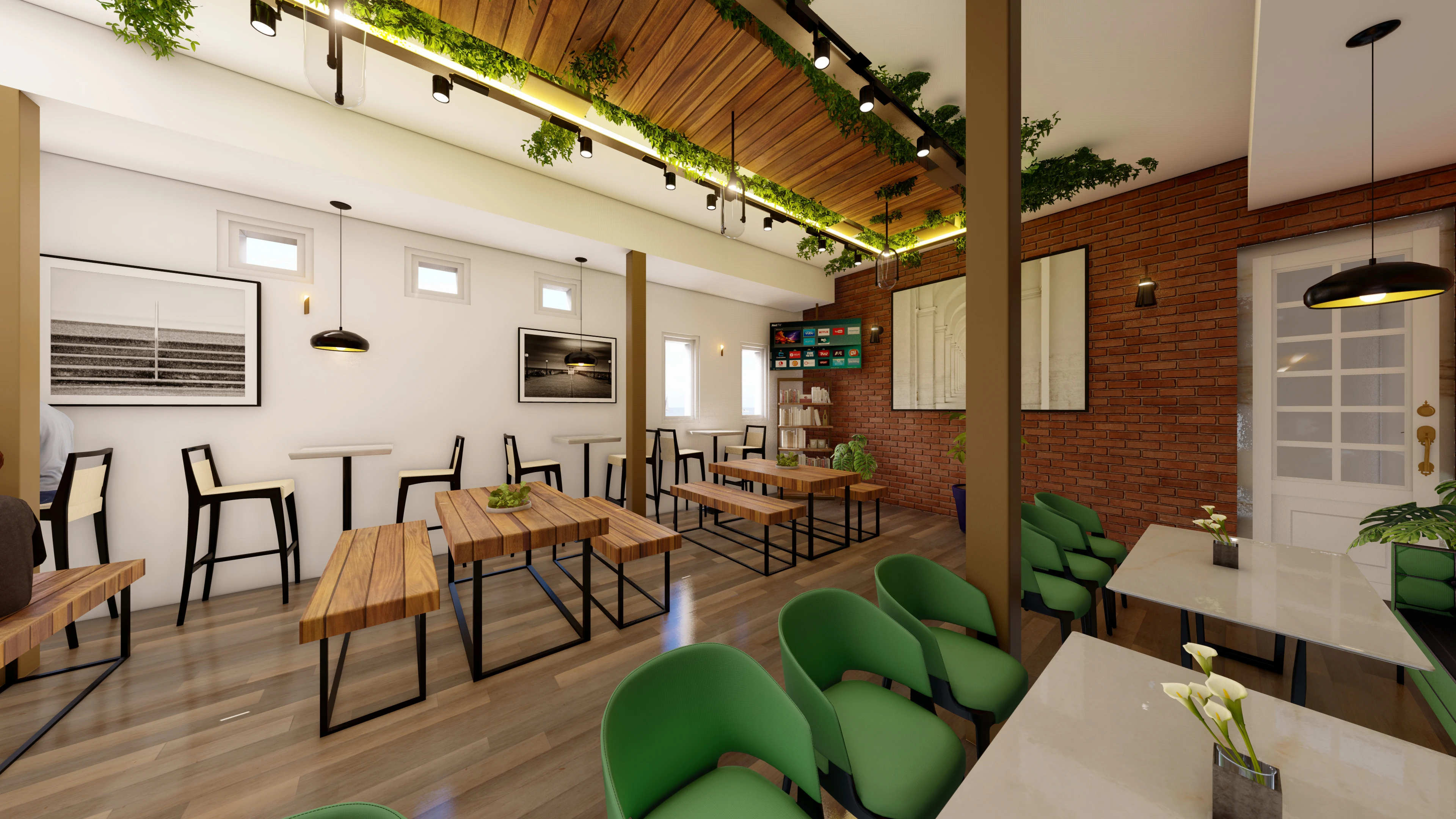 Galle Face Hotel staff cafeteria — interior 3D render, warm wood + greenery — image 1