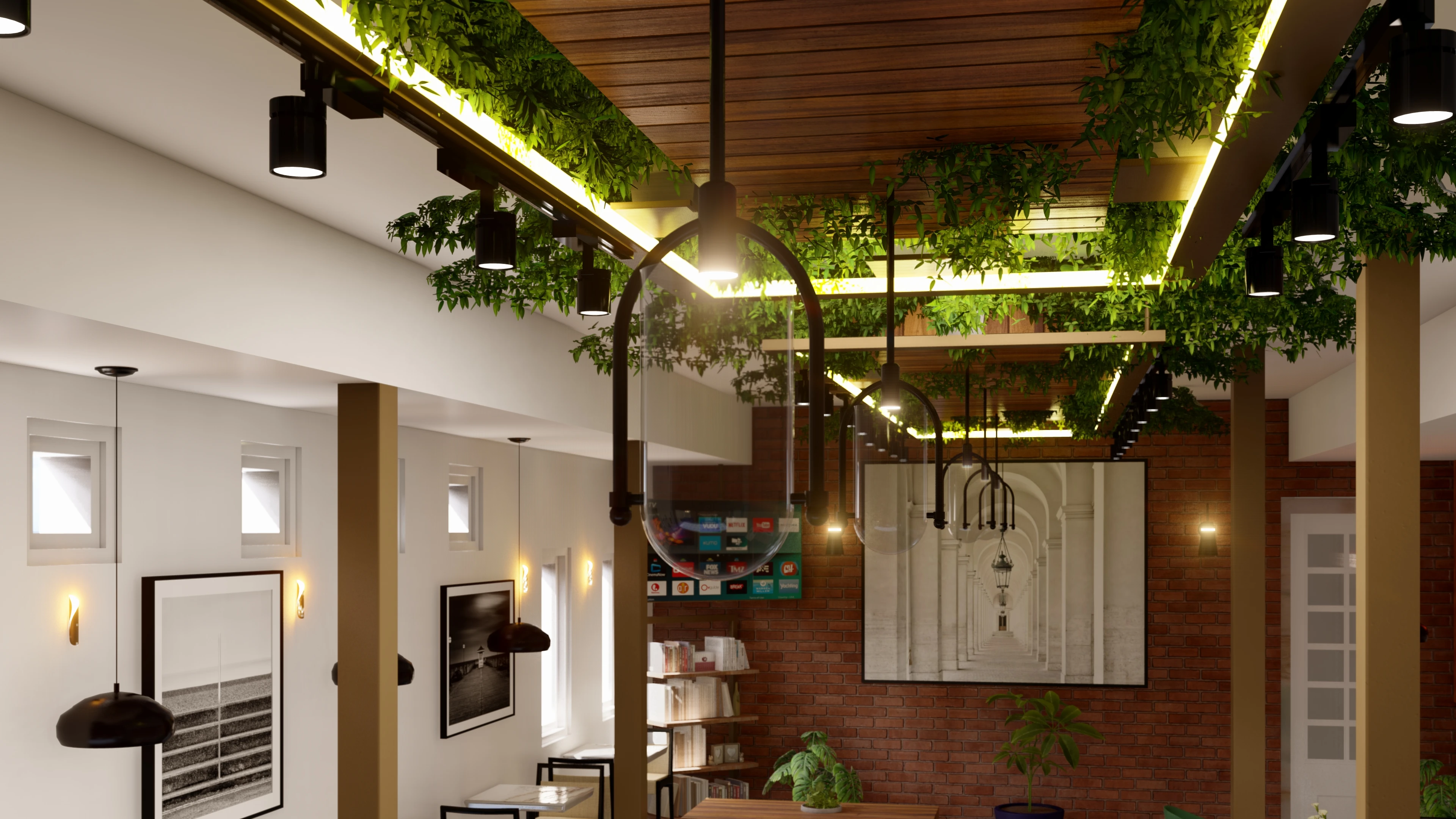 Galle Face Hotel staff cafeteria — interior 3D render, warm wood + greenery — image 2
