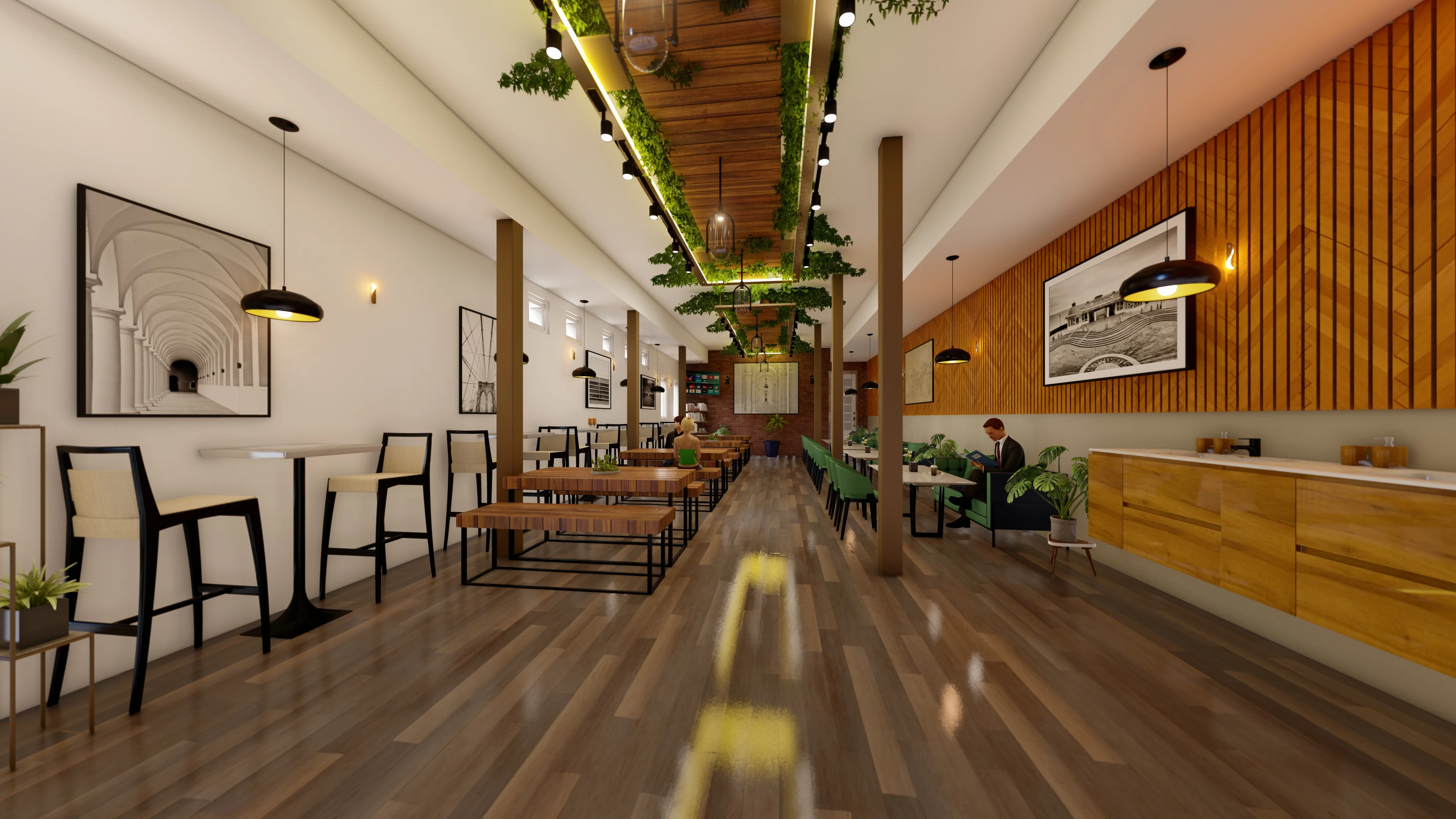 Galle Face Hotel staff cafeteria — interior 3D render, warm wood + greenery — image 3