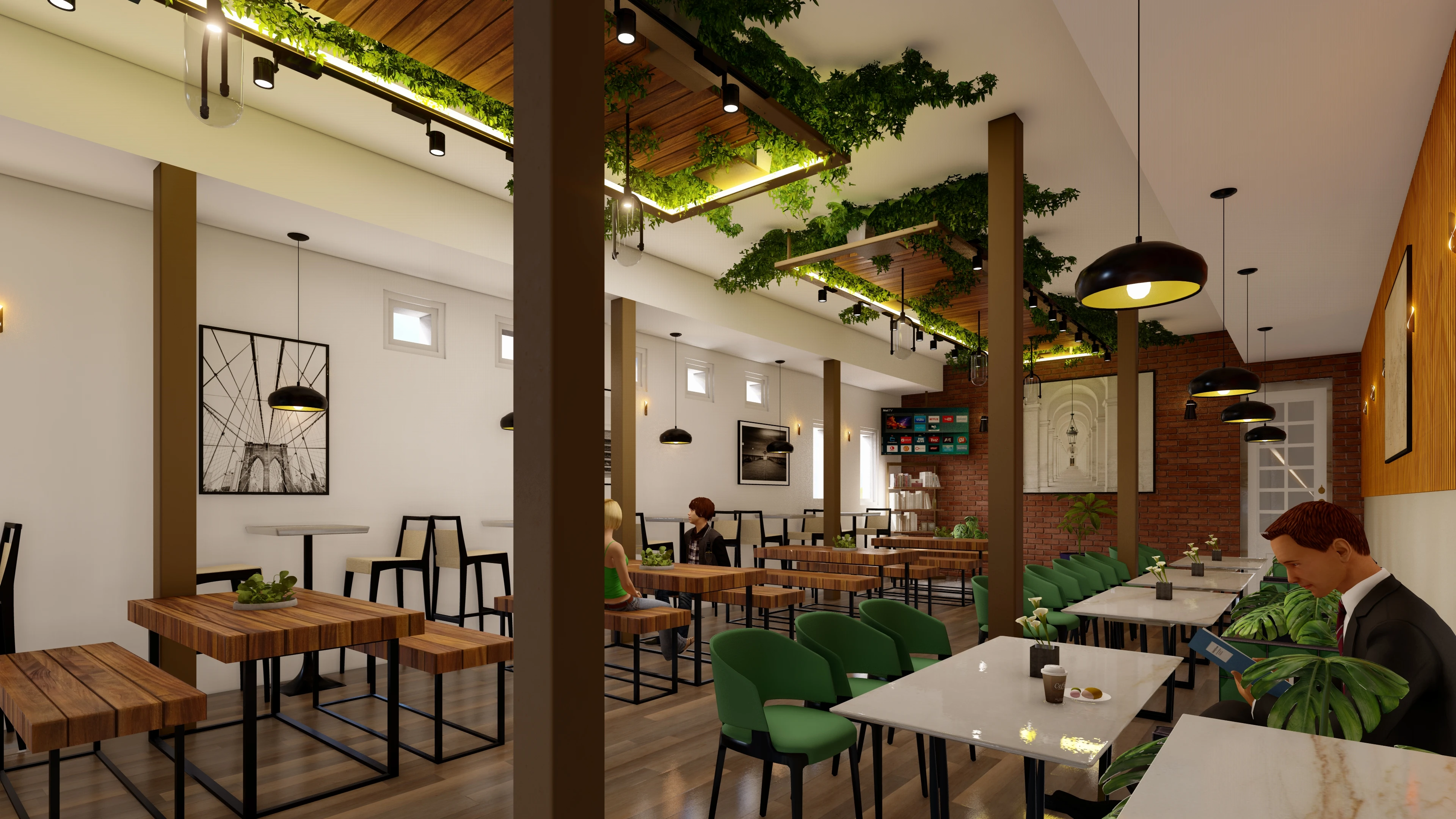Galle Face Hotel staff cafeteria — interior 3D render, warm wood + greenery — image 4
